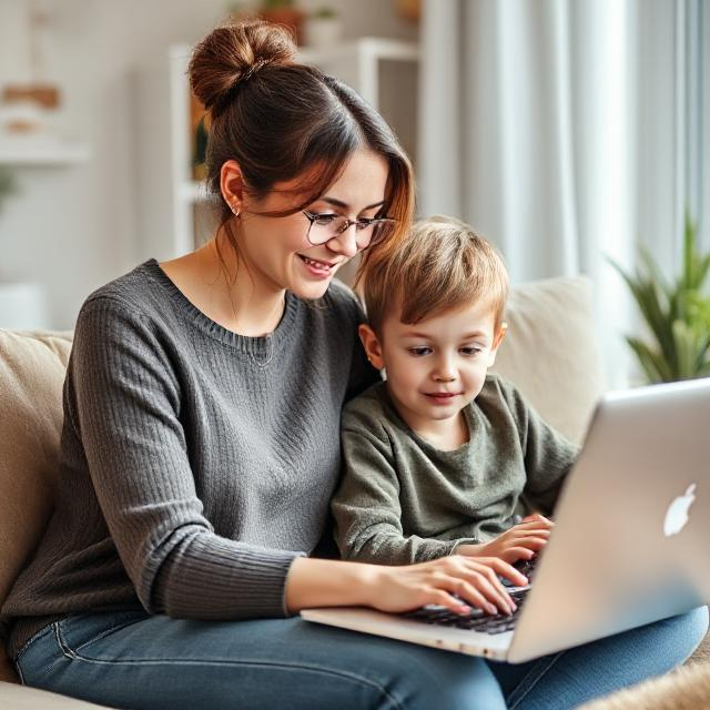 mamma freelance che lavora al pc con un figlio