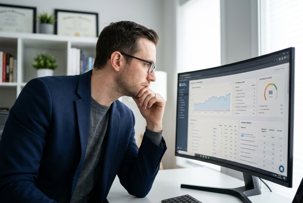 Consulente SEO freelance che analizza le performance di un sito web