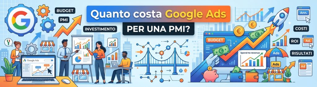 Scrivania con laptop e dashboard di una campagna Google Ads, calcolatrice e appunti sul budget di una PMI