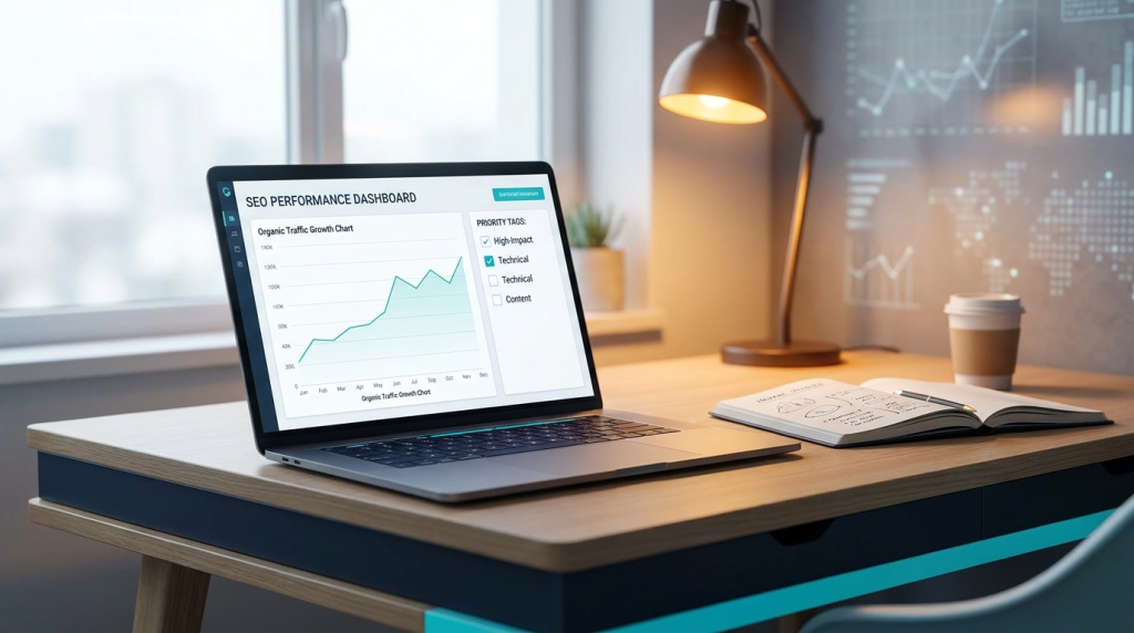 dashboard seo su computer con grafico in crescita